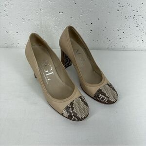 AGL Women's Size 37 Beige and Snakeskin Leather Block Heel Pumps